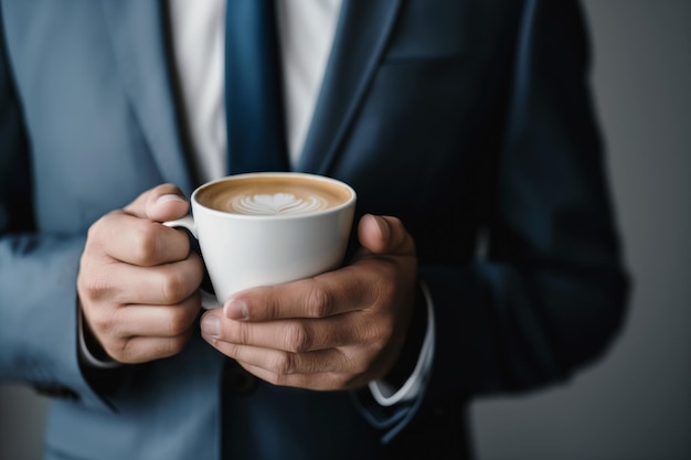 perda de um homem de negócios mãos em um terno segurando uma chávena de café delicioso