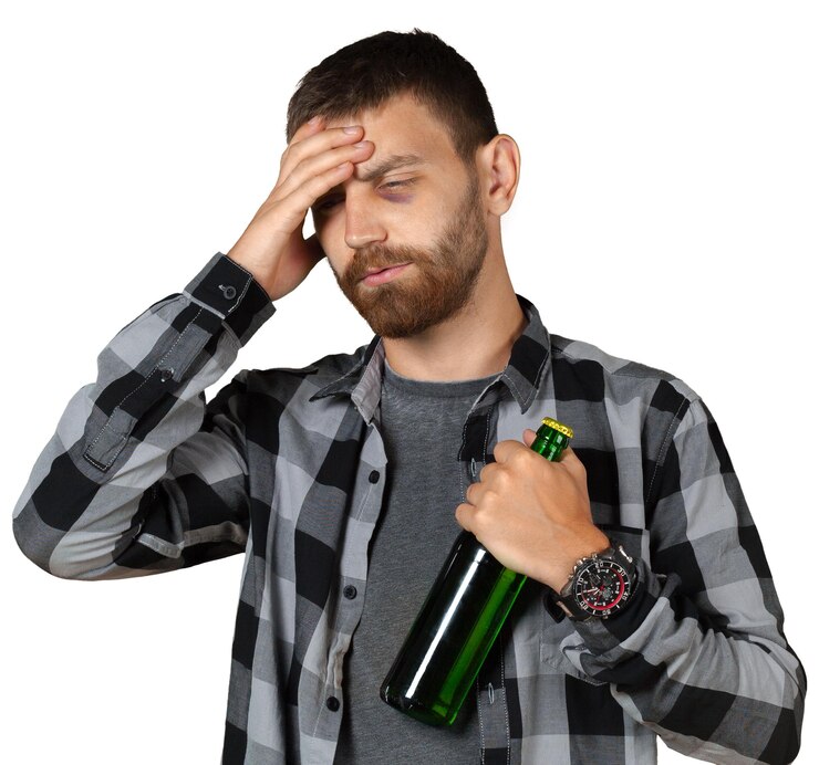 Foto perdedor de olhos pretos com garrafa de cerveja