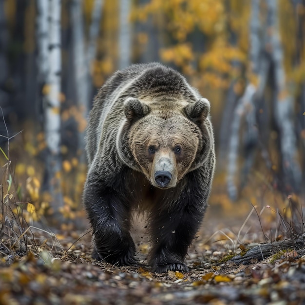 Foto perder a un gran oso pardo macho caminando por el bosque