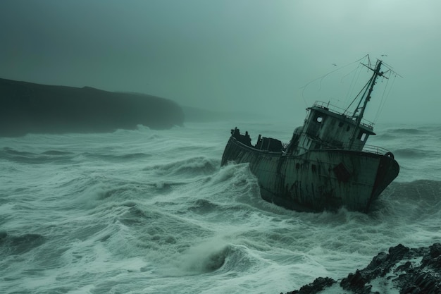 Perdido en el mar Un barco abandonado luchando contra las olas