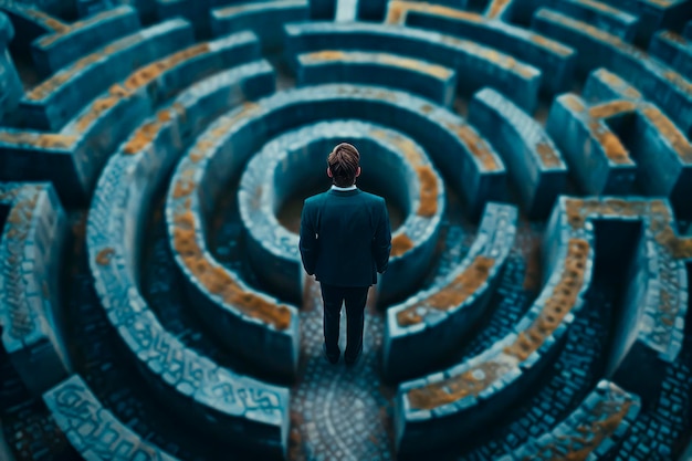 Perdido no Labirinto Vista de cima para baixo de um empresário navegando por um labirinto complexo em busca de uma saída
