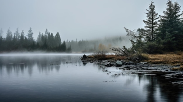 Perdido no nevoeiro um lago desaparecendo numa densa névoa evocando uma sensação de mistério e solidão