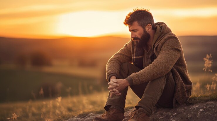 Perdido nos pensamentos Um homem solteiro ao pôr-do-sol
