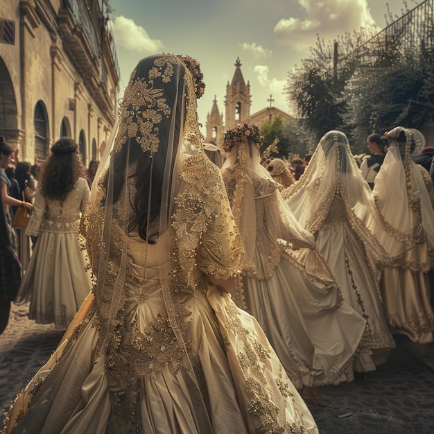 Peregrinación andaluza Mujeres caminando con vestidos de novia Imagen