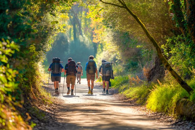 Peregrinos com mochilas caminhando pelo Camino de Santiago, na Espanha, Caminho de São Tiago