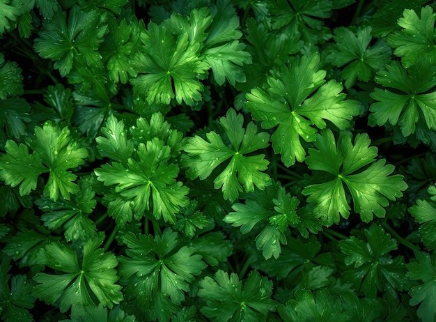 El perejil crece en el jardín Se cultiva al aire libre en el área del jardín Fondo verde de hojas de perejil vista superior primer plano