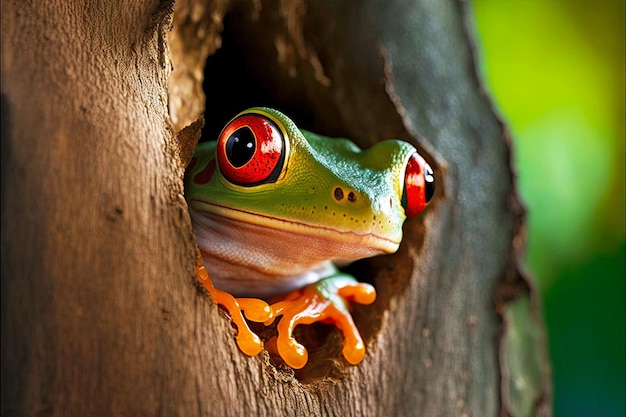 Perereca gorda de olhos vermelhos espiando por trás da árvore