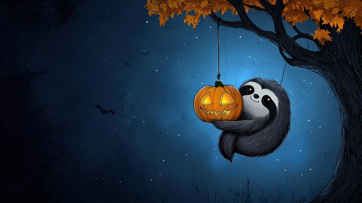 Perezoso colgando de un árbol sosteniendo una calabaza tema de Halloween fondo de noche oscura