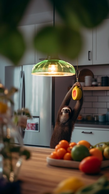 Un perezoso cuelga una fruta en la encimera de la cocina.