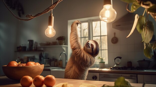 Un perezoso cuelga de un mostrador de cocina en una cocina