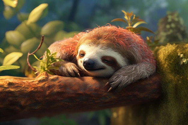 Un perezoso durmiendo en la jungla Personaje animal perezoso Ilustración generativa de IA