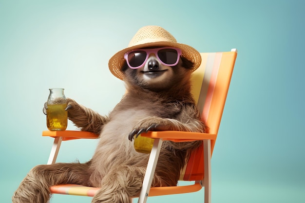 Perezoso feliz y sonriente con sombrero de verano y elegantes gafas de sol sosteniendo un vaso con bebida en la playa