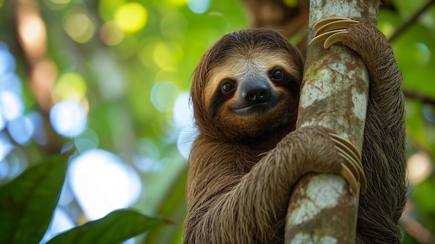 Foto perezoso gracioso colgando de la rama del árbol cara linda mirada retrato perfecto de animal salvaje generativo ai