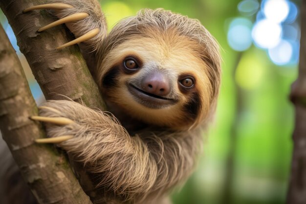 Foto el perezoso sonriente colgado de una rama