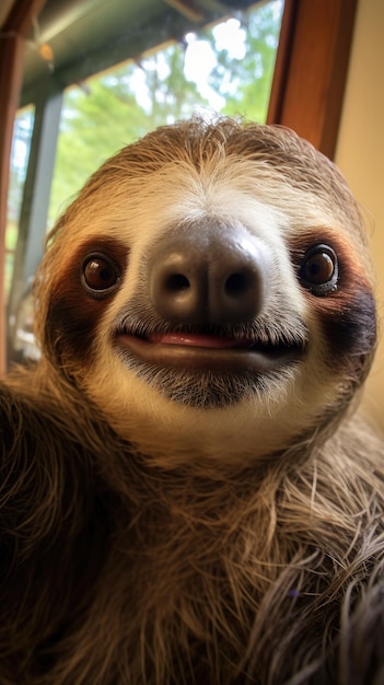 Foto el perezoso toca la cámara tomando una selfie, un retrato selfie gracioso de un animal.