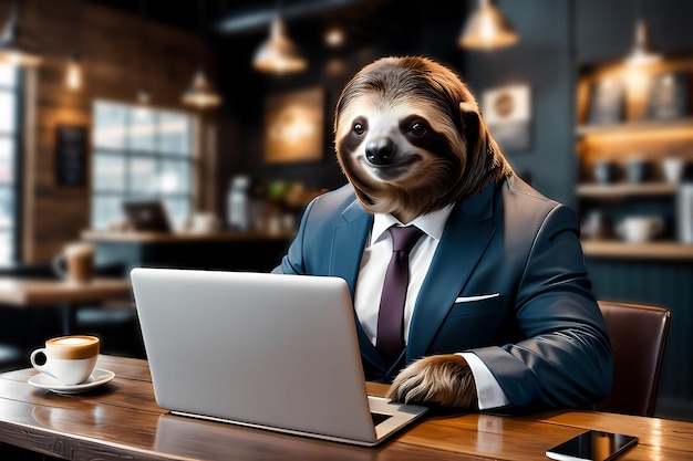 perezoso en un traje trabajando en una computadora portátil en un café