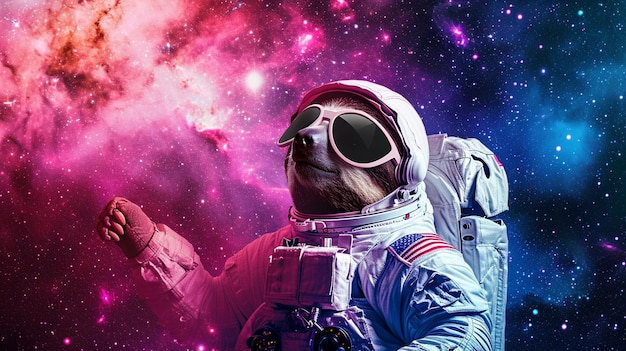 Foto perezoso vestido con un traje de astronauta con gafas de sol magical galaxy star fondo generativo ai