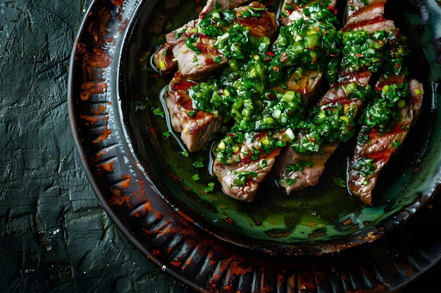 La perfección de la carne a la parrilla con salsa de chimichurri