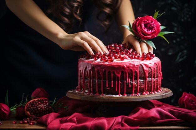 Perfección de la granada Una mujer de la cosecha decora magistralmente el pastel con un toque delicado AR 32