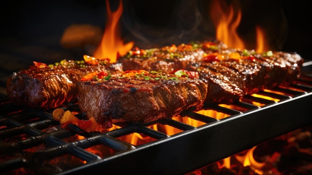 La perfección de la parrilla Steaks jugosos con marcas de parrilla carbonizadas y sabor ahumado