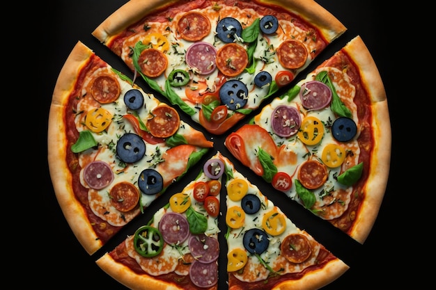 La perfección de la pizza de pepperoni en un fondo negro cambiante