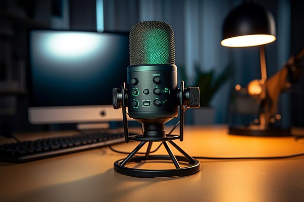 Foto perfección de podcast un primer plano del micrófono y la computadora portátil para la transmisión