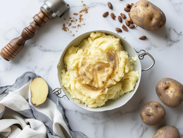 Foto perfección de puré de patata un cuenco lleno de comodidad en mármol claro