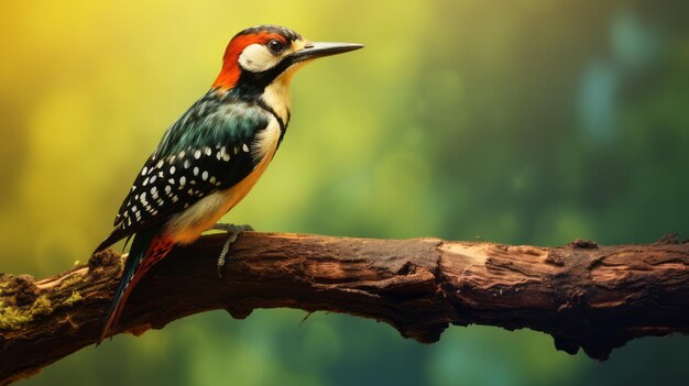 Perfeccionismo inmaculado Un pájaro carpintero39s Encuentro fotográfico en una rama de madera verde