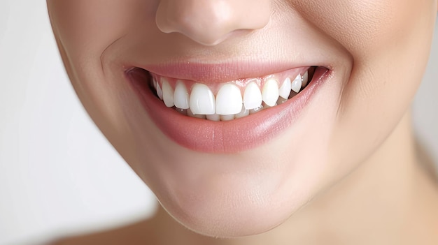 Perfecta sonrisa de dientes sanos de una mujer aislada sobre un fondo blanco