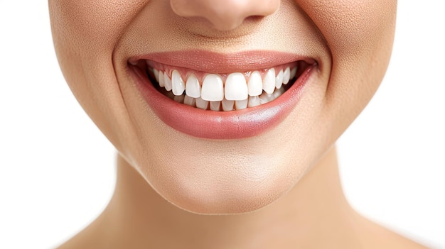 Perfecta sonrisa de dientes sanos de una mujer aislada sobre un fondo blanco