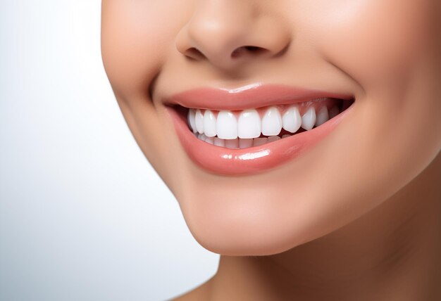 Perfecta sonrisa de dientes sanos de una mujer joven Blanqueamiento dental Concepto de estomatología de cuidado dental