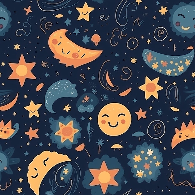 Perfecta textura de luna sonriente con planetas y estrellas