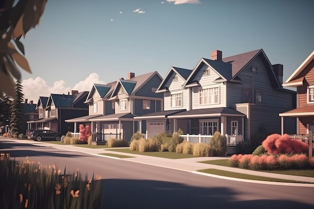 Perfectas casas de barrio americano en una zona suburbana en la imagen generada por la red neuronal del día de verano