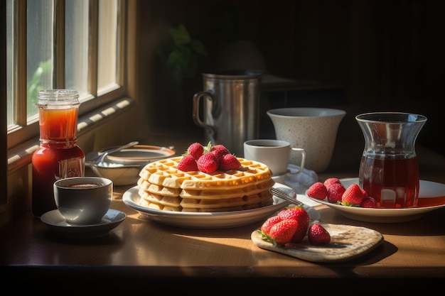 Perfecto por la mañana golden waffles con jugosas fresas y jarabe de arce generativo IA