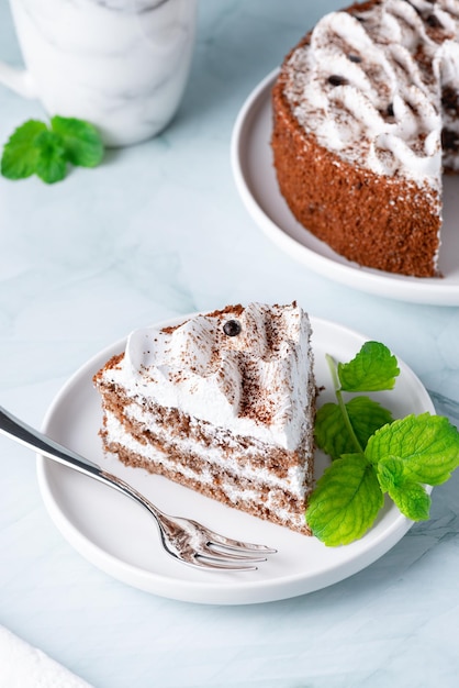 Perfecto pastel de tiramisú casero espolvoreado con cacao en polvo en un plato sobre una mesa de mármol blanco