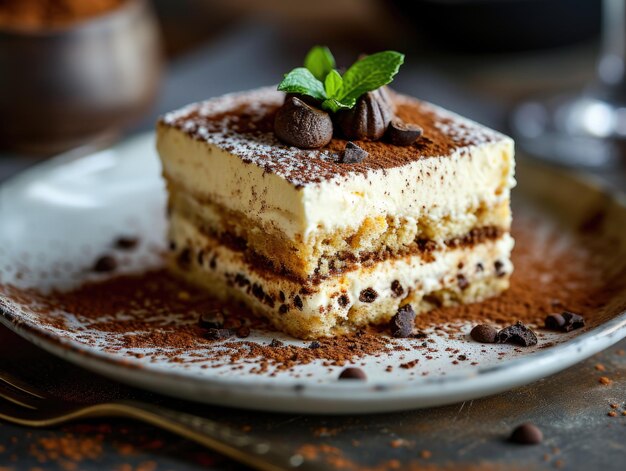 Un perfecto pastel de tiramisu hecho en casa con menta fresca.