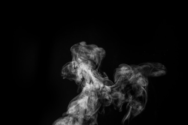 Perfecto vapor o humo blanco rizado místico aislado sobre fondo negro. Niebla de fondo abstracto o smog, elemento de diseño para Halloween, diseño de collages.