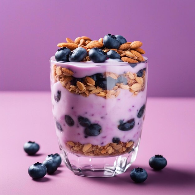 Perfecto de yogur de arándano orgánico fresco con granola y almendras generado por inteligencia artificial