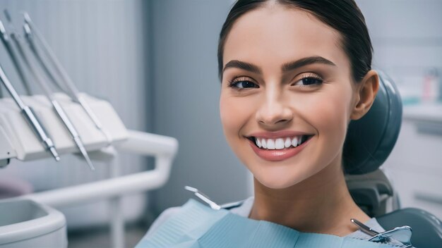 Foto perfectos dientes saludables sonrisa de una mujer joven dientes blanqueo paciente de la clínica dental