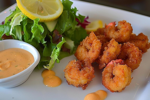 Perfeição culinária camarões fritos acompanhados de alface de limão e molho