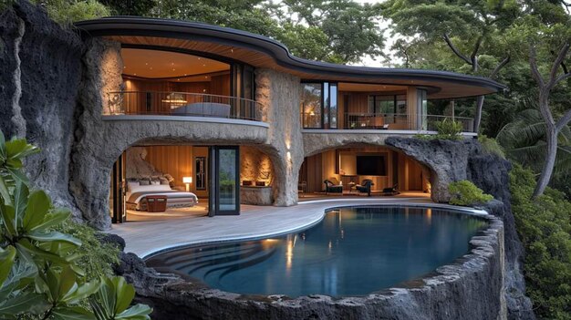 Perfeição na arquitetura pós-moderna uma casa privada com uma piscina azul escuro