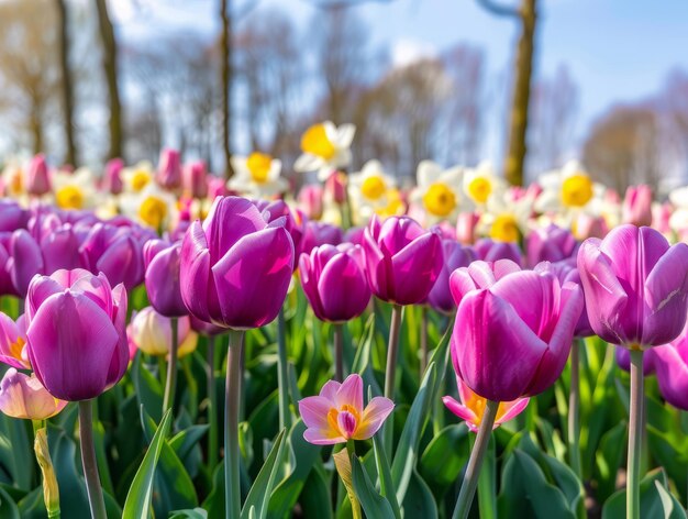 Foto perfeição roxa e rosa as impressionantes tulipas e narcisos do keukenhof tulip park em lisse neth
