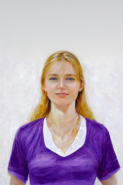 Perfeição roxa Retrato fotorrealista de uma mulher branca com uma camisa roxa contra um traseiro branco