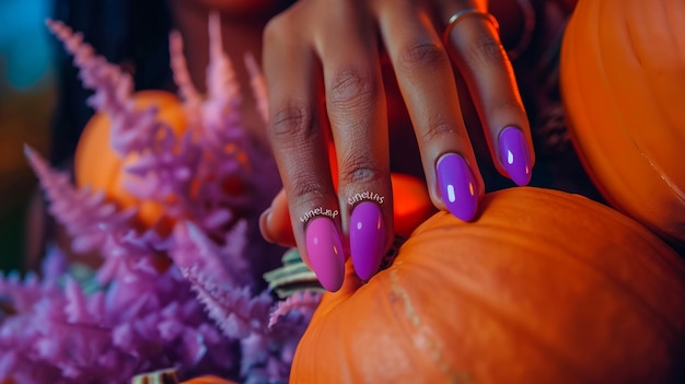 Foto perfeita a sua manicure com esmalte de unhas roxo e laranja com tema de halloween