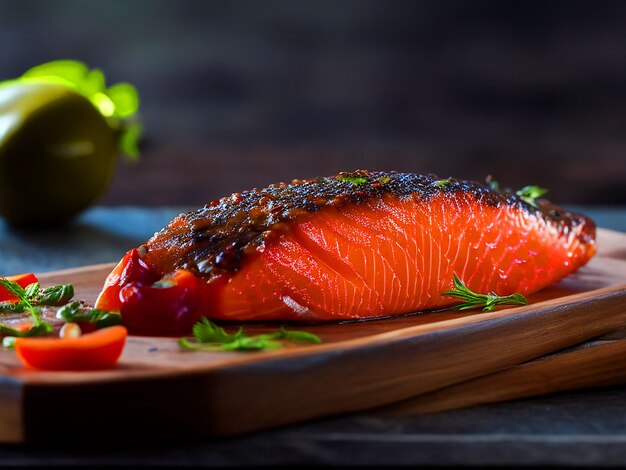 Foto perfeito salmão hiper qualidade tom brilhante produto vista de fundo de cozinha