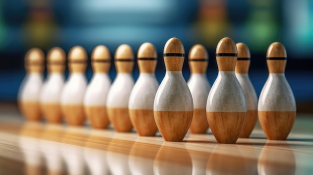 Perfekt ausgerichtete Bowling-Pins auf einer polierten Bahn. Generative KI