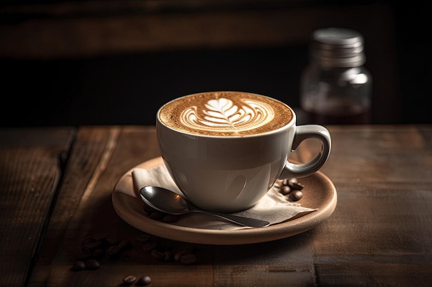 Perfekt zubereiteter Cappuccino serviert auf einem rustikalen Holztisch Generative AI