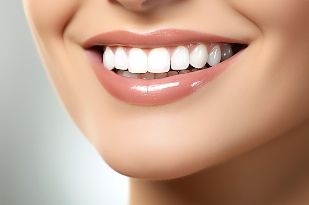 Perfekte, gesunde Zähne, Lächeln einer jungen Frau beim Zahnarzt, Zahnaufhellung, Zahnpflege, Stomatologie