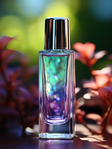 perfekte kosmetische glänzende holographische Farben Flasche auf dem dunklen natürlichen Hintergrund ai generiert