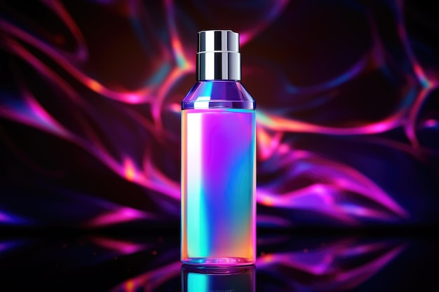 perfekte kosmetische glänzende holographische Farben Flasche auf dem dunklen natürlichen Hintergrund ai generiert